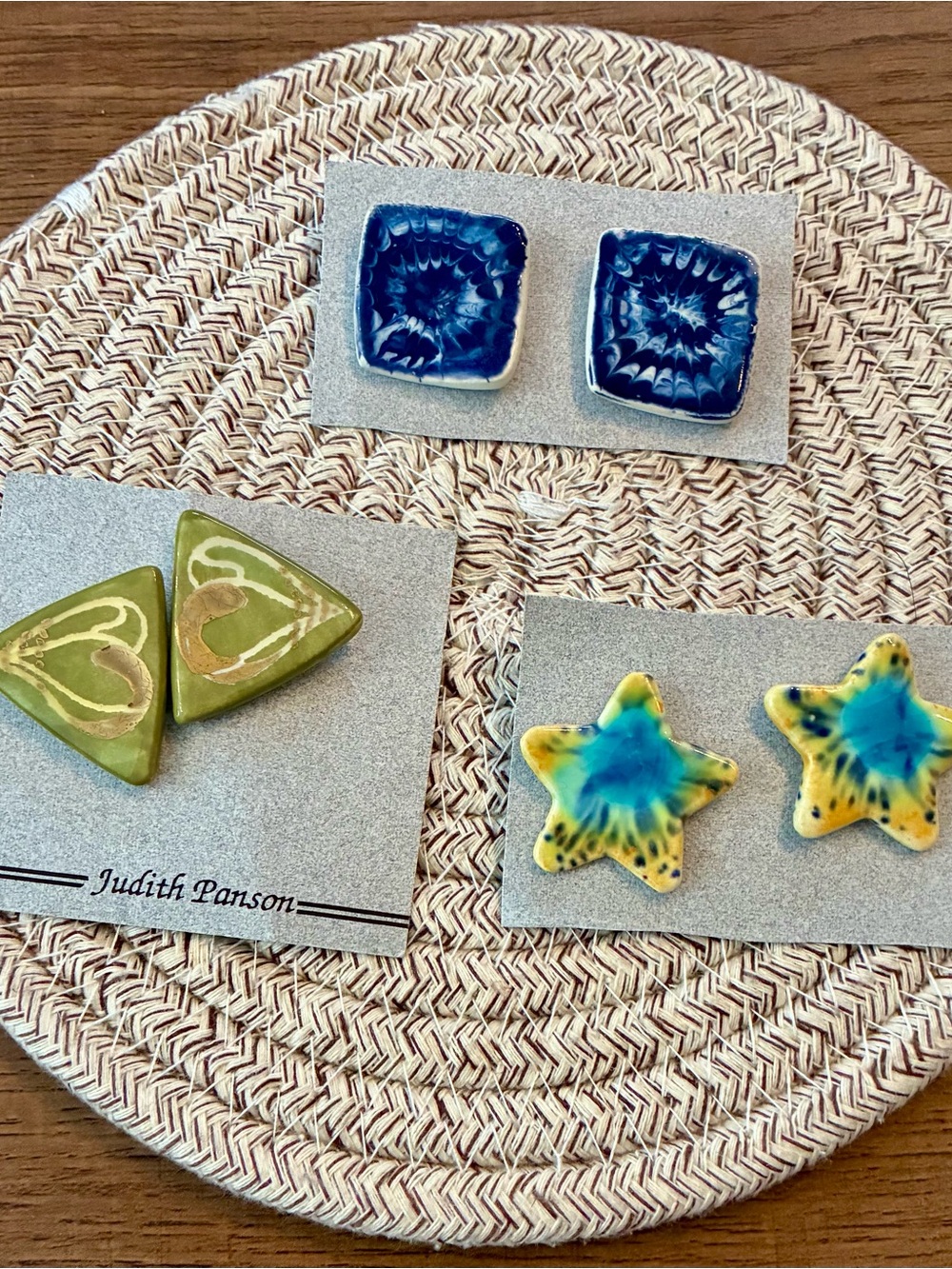 Canadian Artisan Judith Panson Craft Clip on Ceramic Earrings. Set of 3 pairs.
